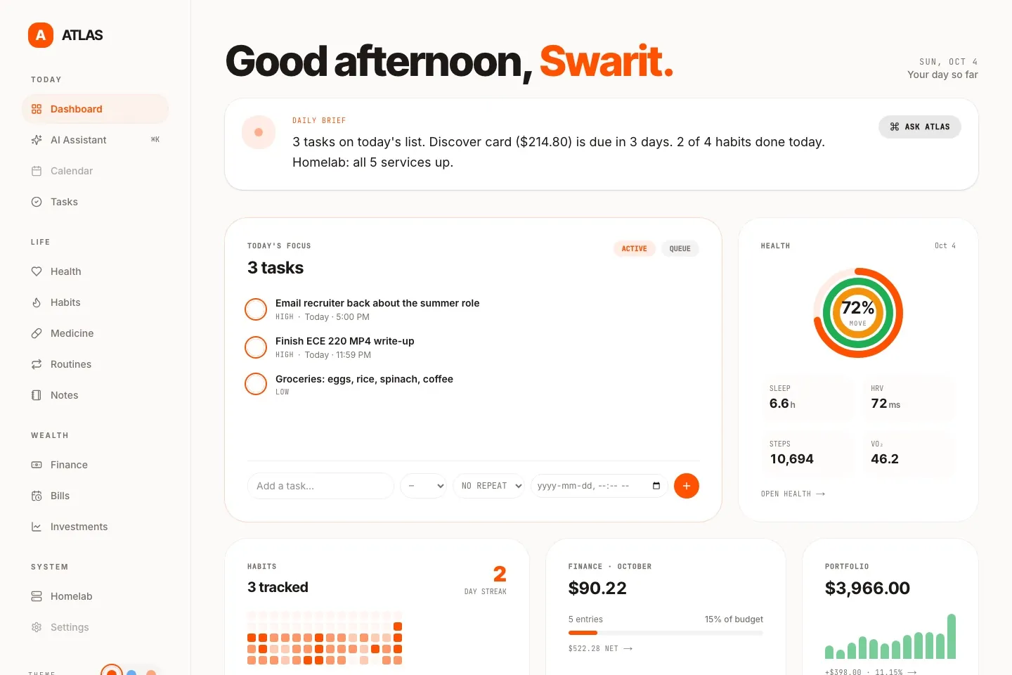 AtlasOS dashboard with daily brief, tasks, health rings, habits, finance and portfolio cards